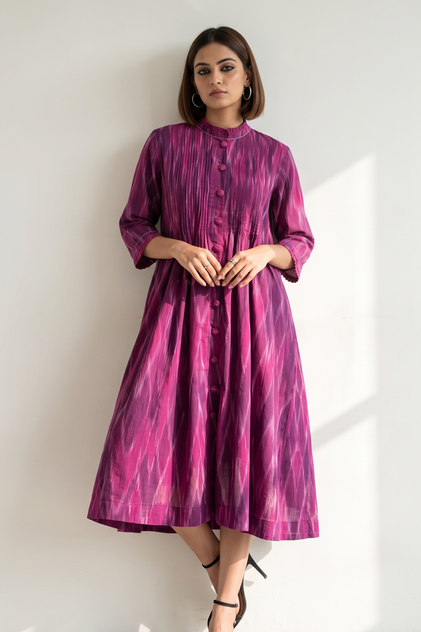 Magenta Berry Jewel Ikat Pleated Pintuck Button Down Dress Mc