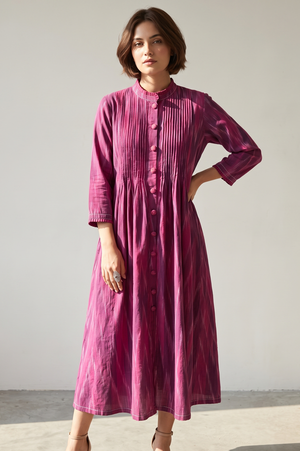 Magenta Berry Jewel Ikat Pleated Pintuck Button Down Dress Mc