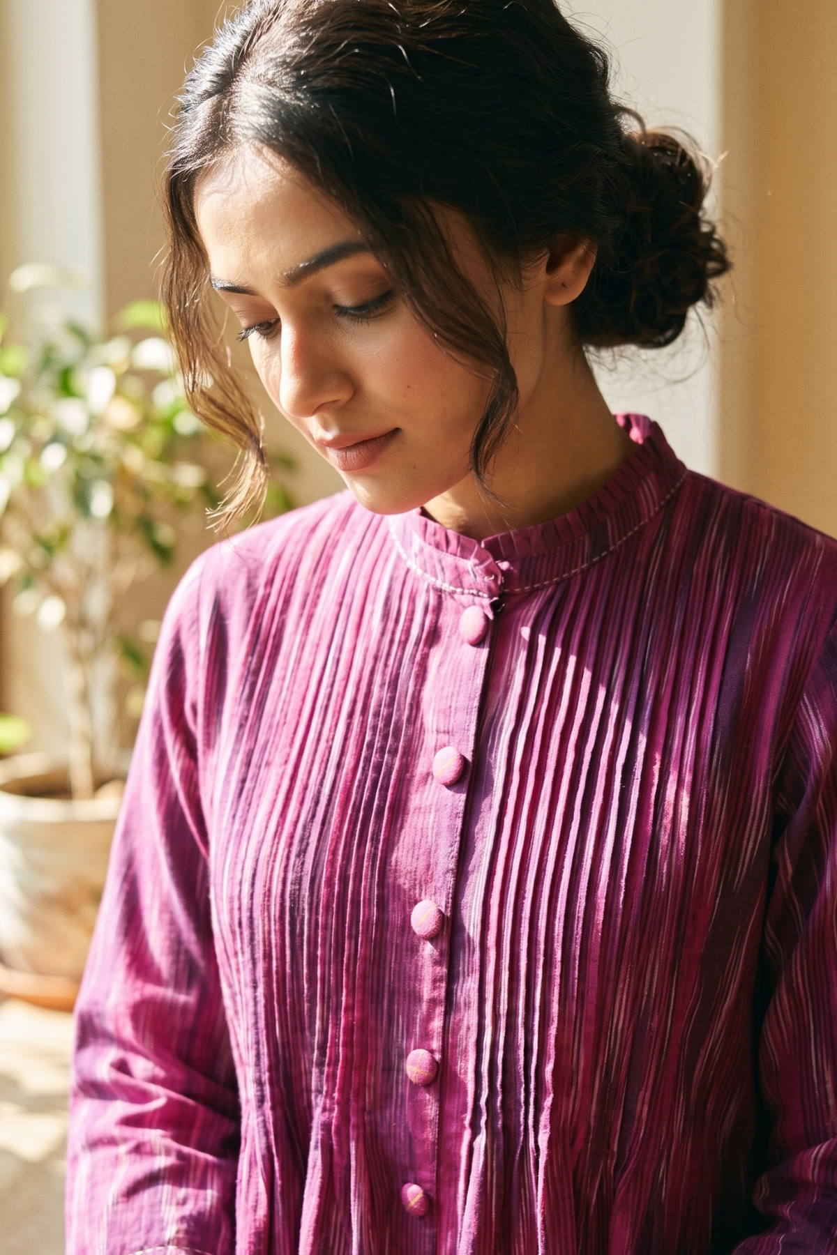 Magenta Berry Jewel Ikat Pleated Pintuck Button Down Dress Mc