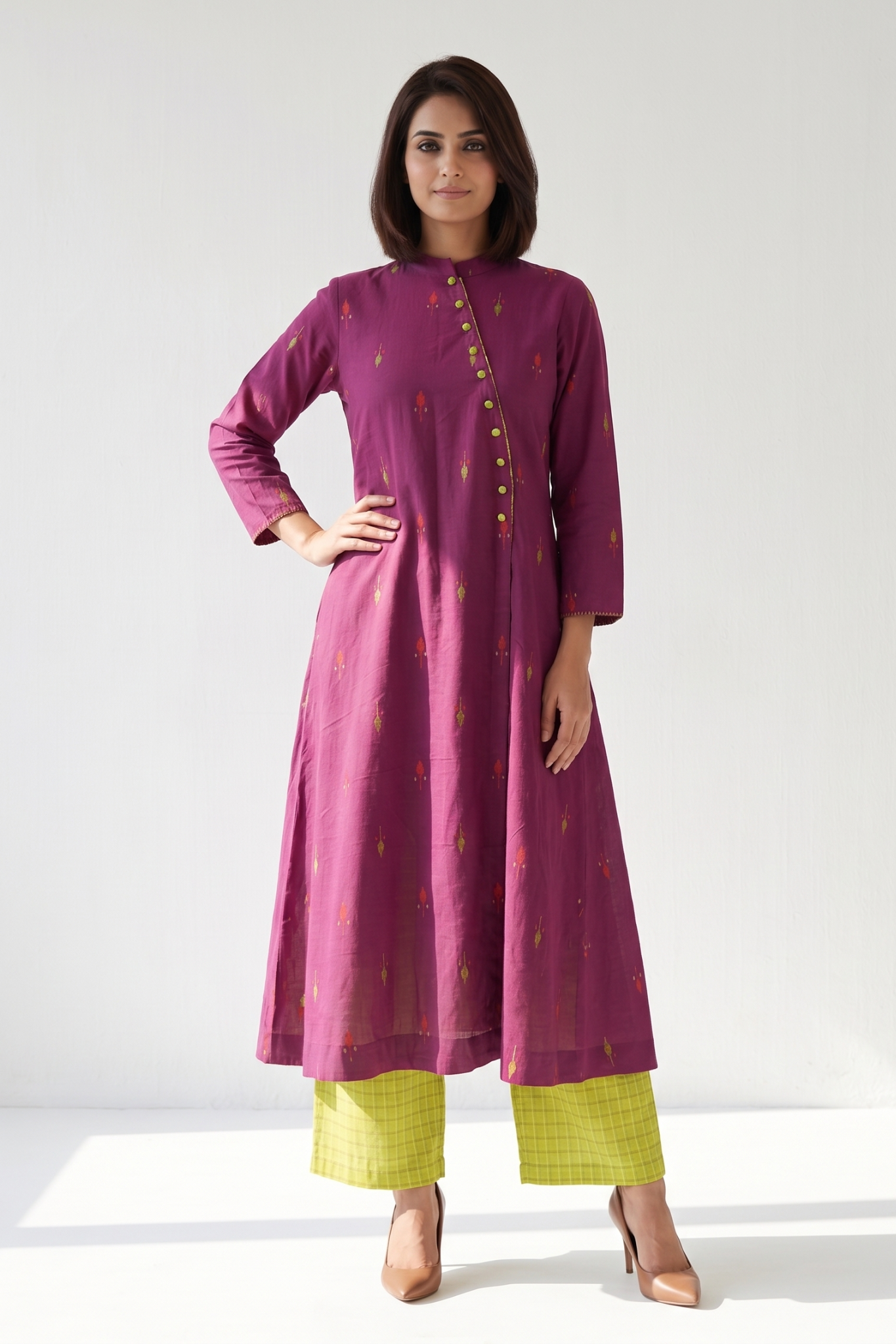 Magenta Petal Dots Cross Potli Angrakha Kurta Mc