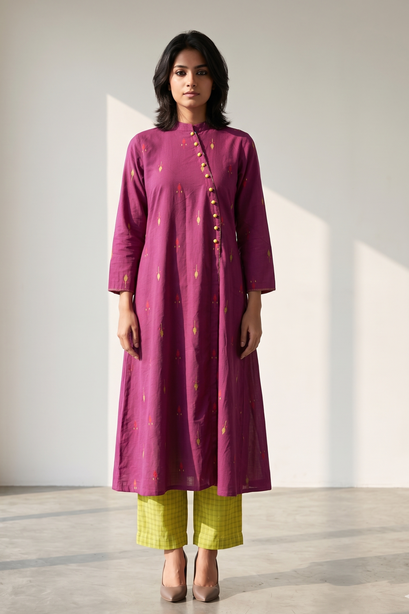 Magenta Petal Dots Cross Potli Angrakha Kurta Mc
