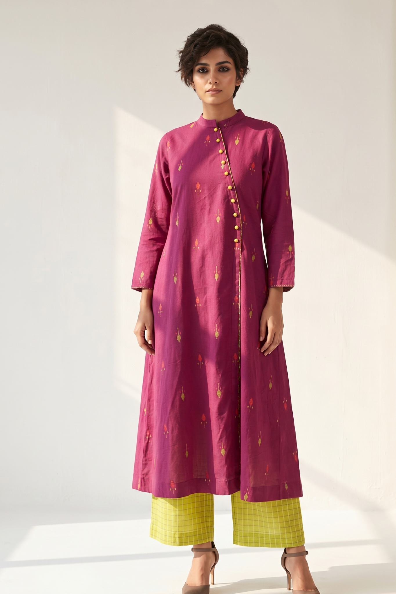 Magenta Petal Dots Cross Potli Angrakha Kurta Mc