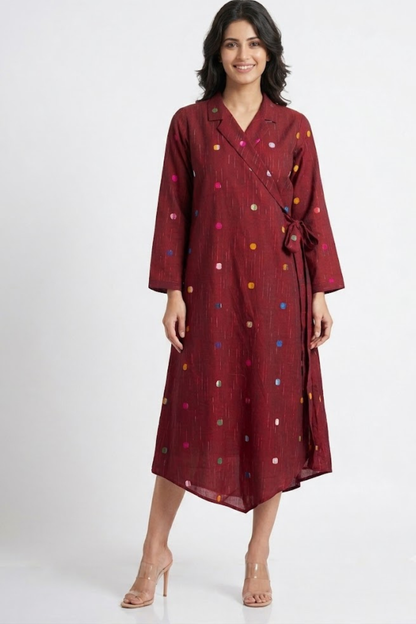 Maroon Carnival Dots South Cotton Trench Belt Dress Mc