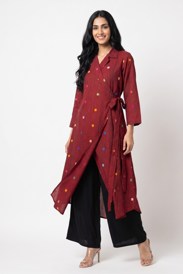 Maroon Carnival Dots South Cotton Trench Belt Dress Mc