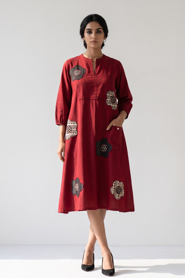 Chestnut And Champa Maroon Cotton Dress With Patch Pocket Mc