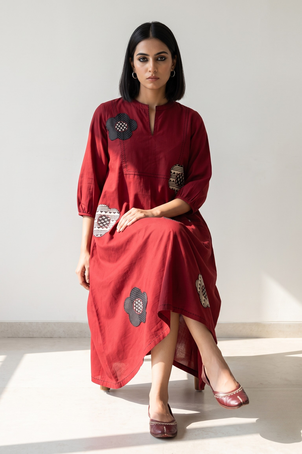 Chestnut And Champa Maroon Cotton Dress With Patch Pocket Mc