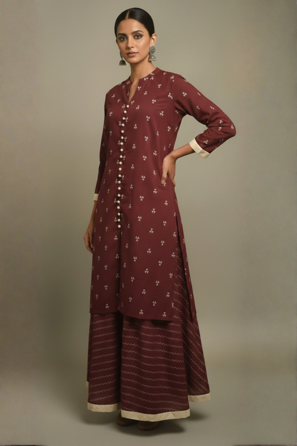 Co ord Set Maroon Tri-Petal Cotton Button Down Kurta with Flared Skirt