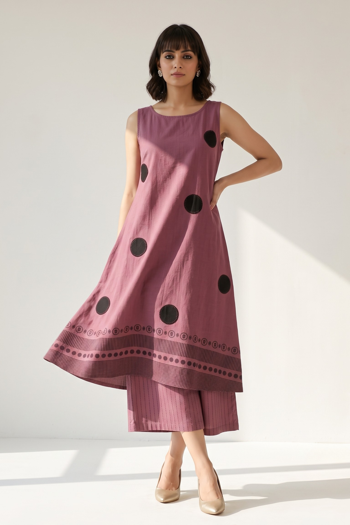 Mauve Noir Border Weave Round Neck Sleeveless Dress Mc