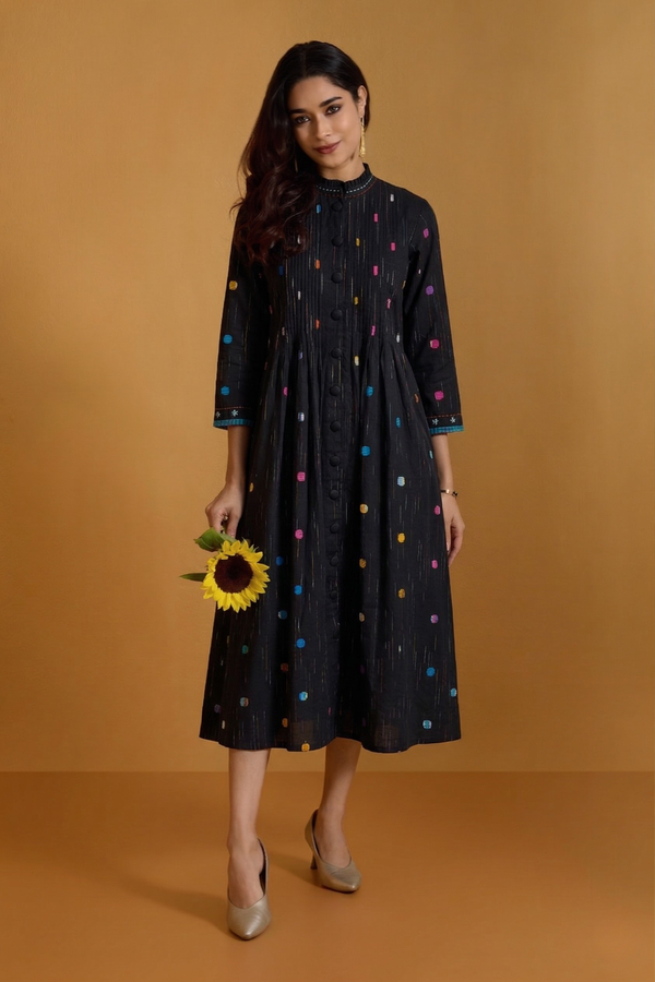 Midnight Pepper Confetti Pleated Pintuck Button Down Dress Mc