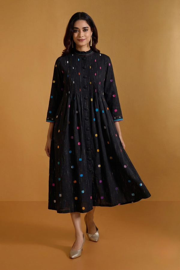 Midnight Pepper Confetti Pleated Pintuck Button Down Dress Mc