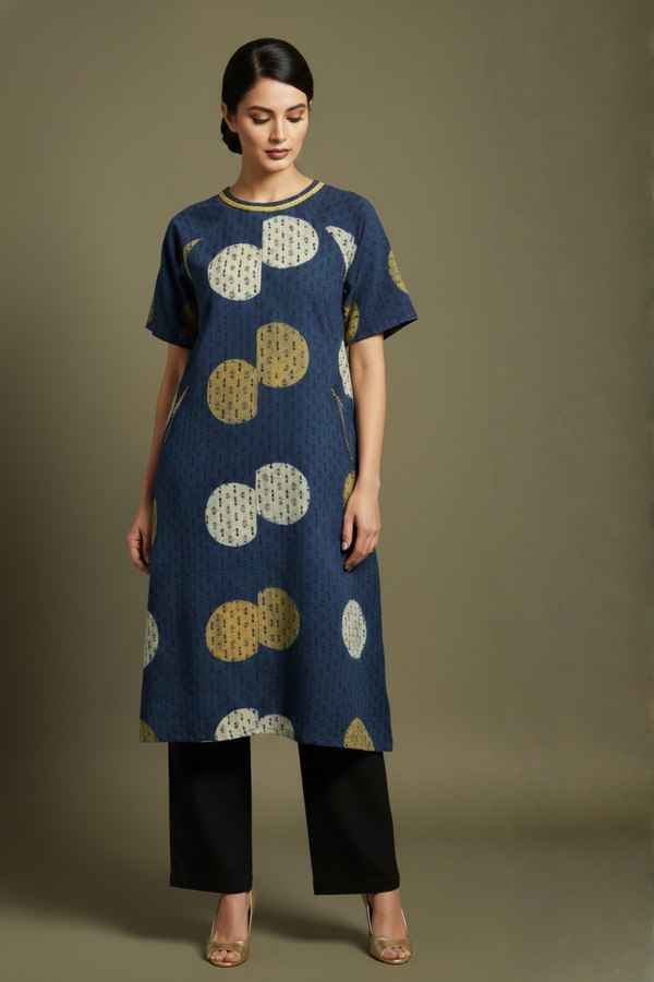 Midnight Mehndi Dots Cotton Drop shoulder modern tunic with pockets