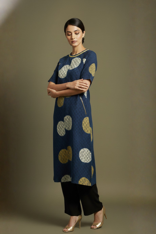 Midnight Mehndi Dots Cotton Drop Shoulder Modern Tunic With Pockets Mc