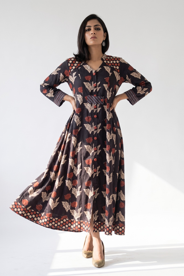 Midnight Rust Bloom Cotton Long Button Down Dress