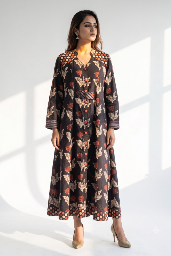 Midnight Rust Bloom Cotton Long Button Down Dress