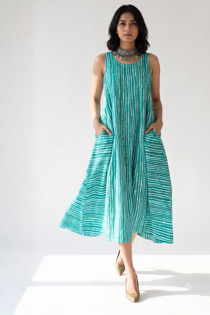 Minted Lines Smocked Cotton Satin Sleeveless Dress Mc