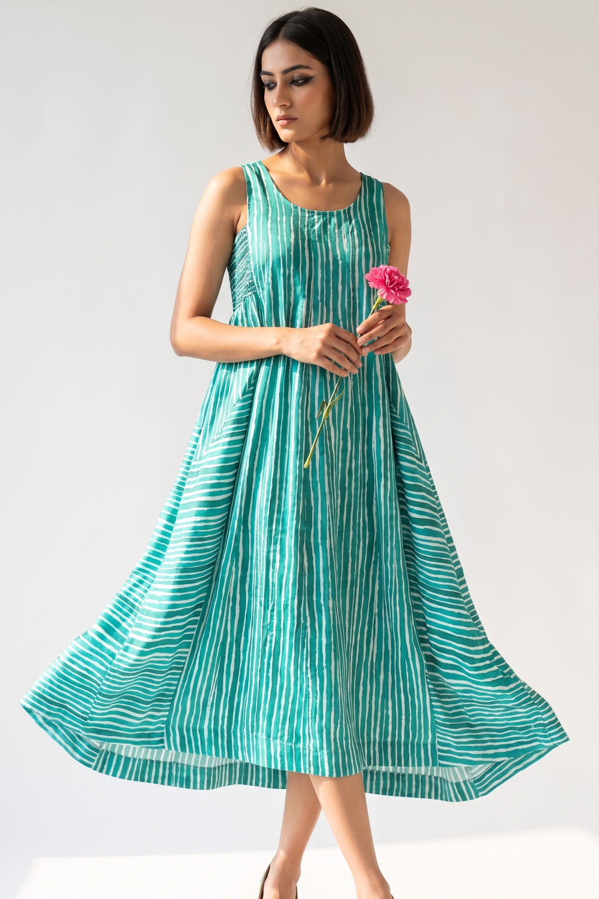 Minted Lines Smocked Cotton Satin Sleeveless Dress Mc