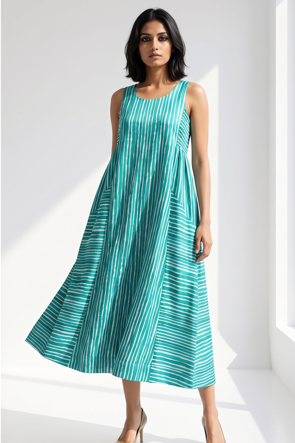 Minted Lines Smocked Cotton Satin Sleeveless Dress Mc