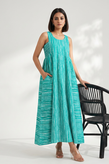 Minted Lines Smocked Cotton Satin Sleeveless Dress Mc