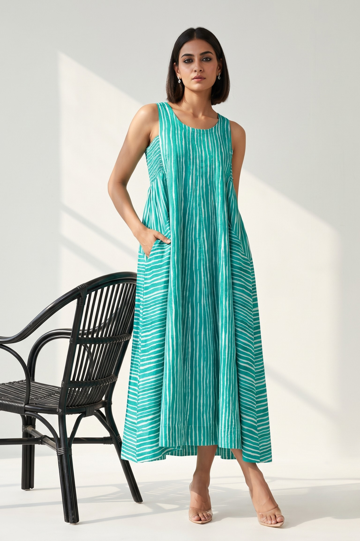 Minted Lines Smocked Cotton Satin Sleeveless Dress Mc
