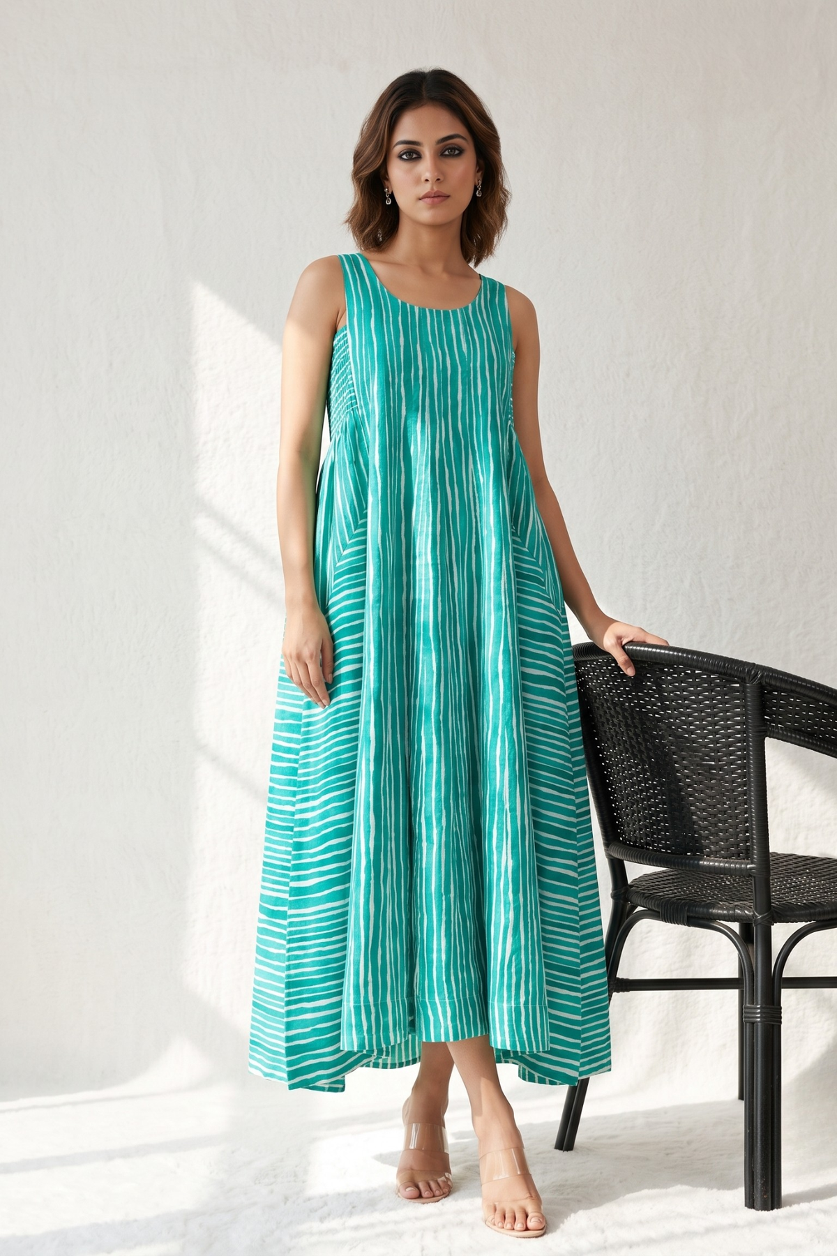 Minted Lines Smocked Cotton Satin Sleeveless Dress Mc