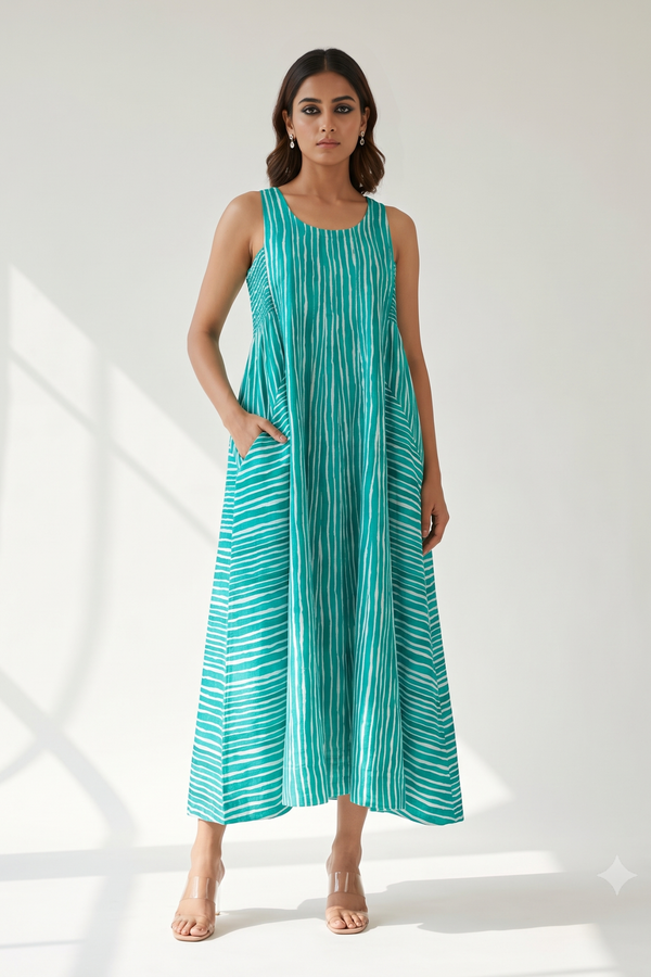 Minted Lines Smocked Cotton Satin Sleeveless Dress Mc