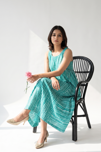 Minted Lines Smocked Cotton Satin Sleeveless Dress Mc