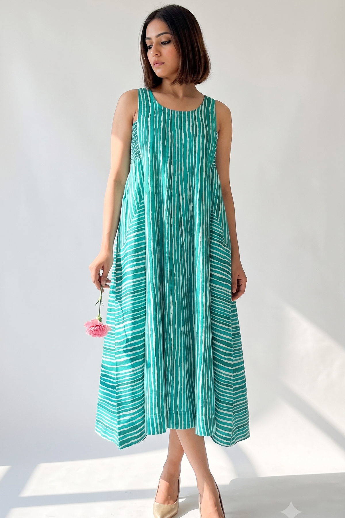 Minted Lines Smocked Cotton Satin Sleeveless Dress Mc