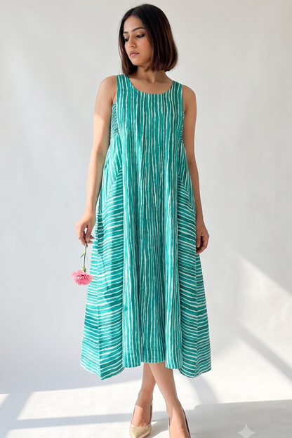 Minted Lines Smocked Cotton Satin Sleeveless Dress Mc