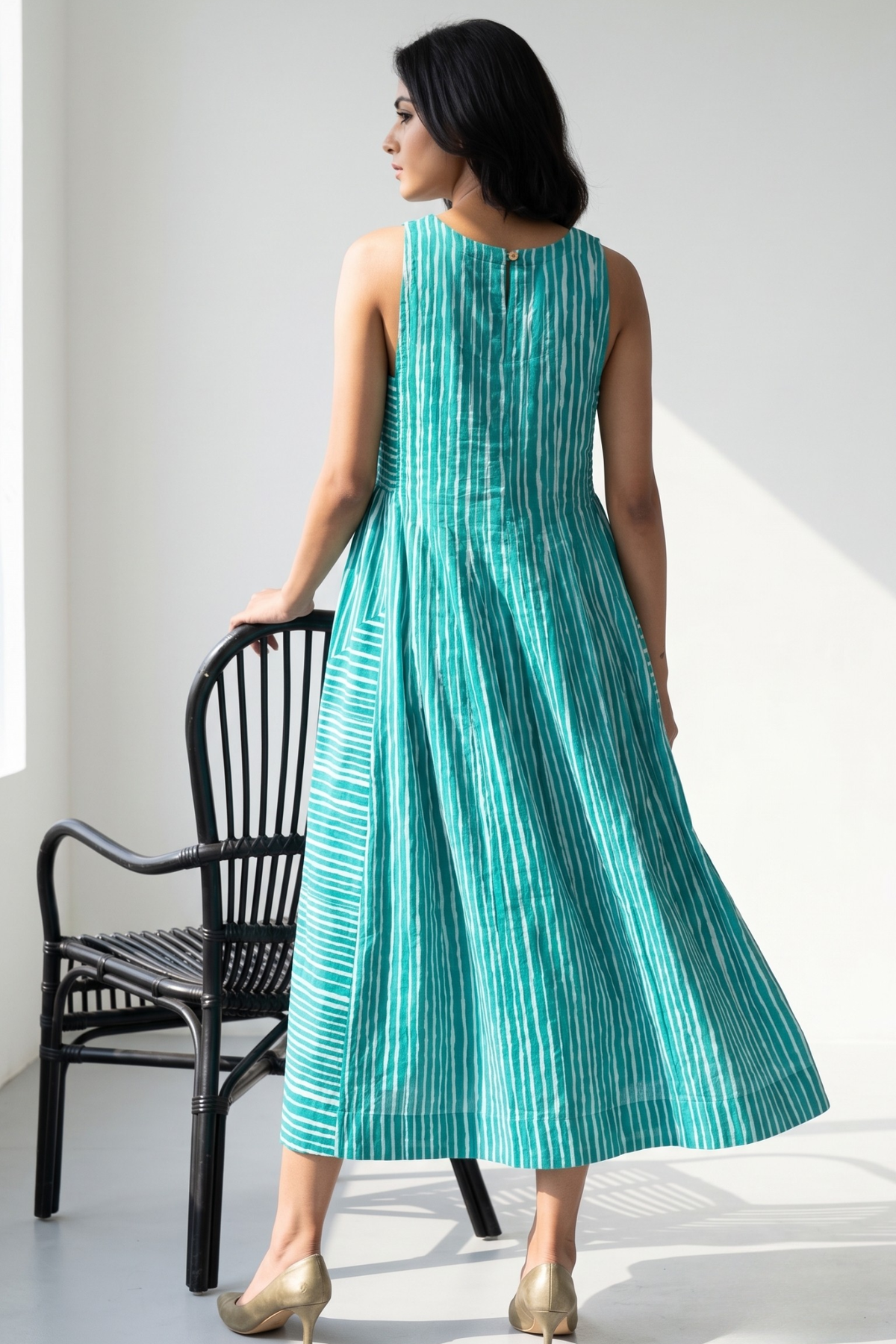 Minted Lines Smocked Cotton Satin Sleeveless Dress Mc
