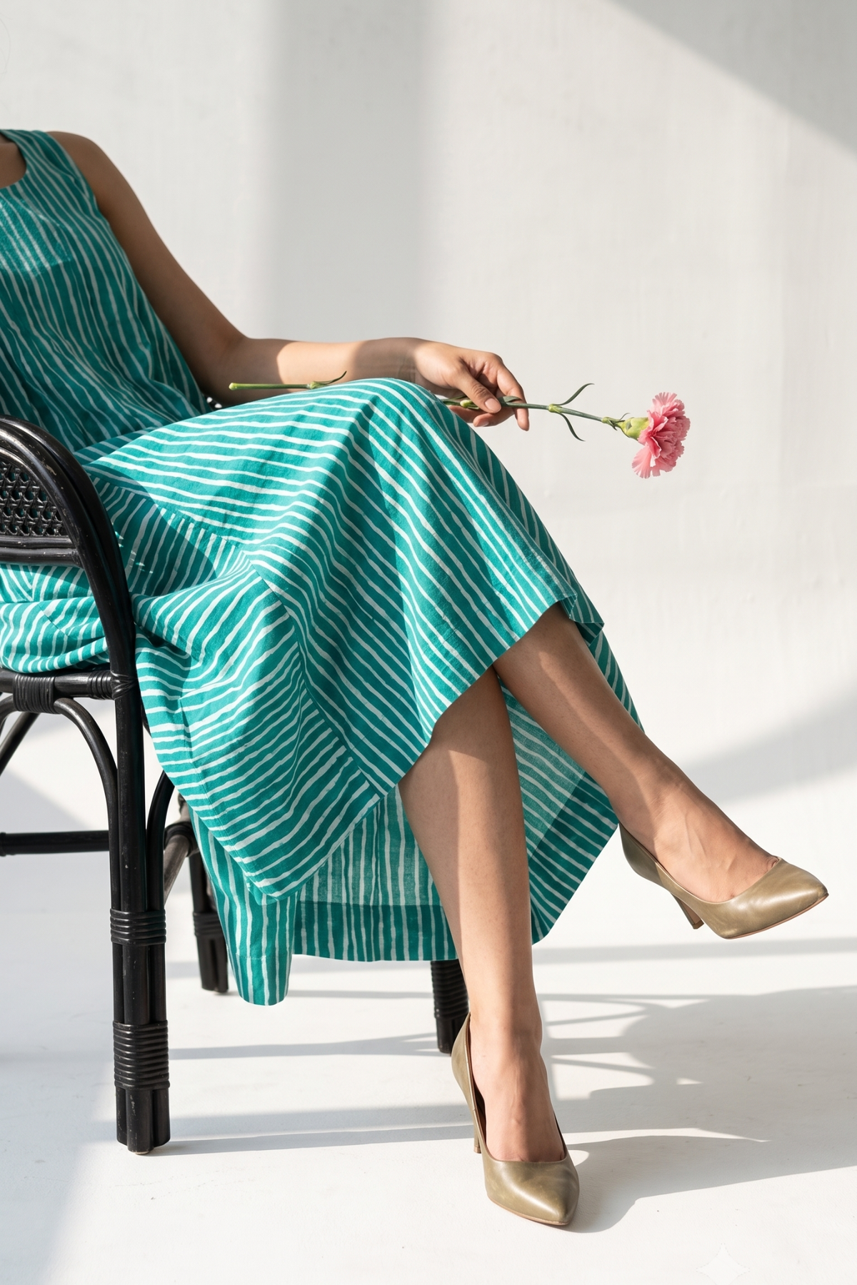 Minted Lines Smocked Cotton Satin Sleeveless Dress Mc