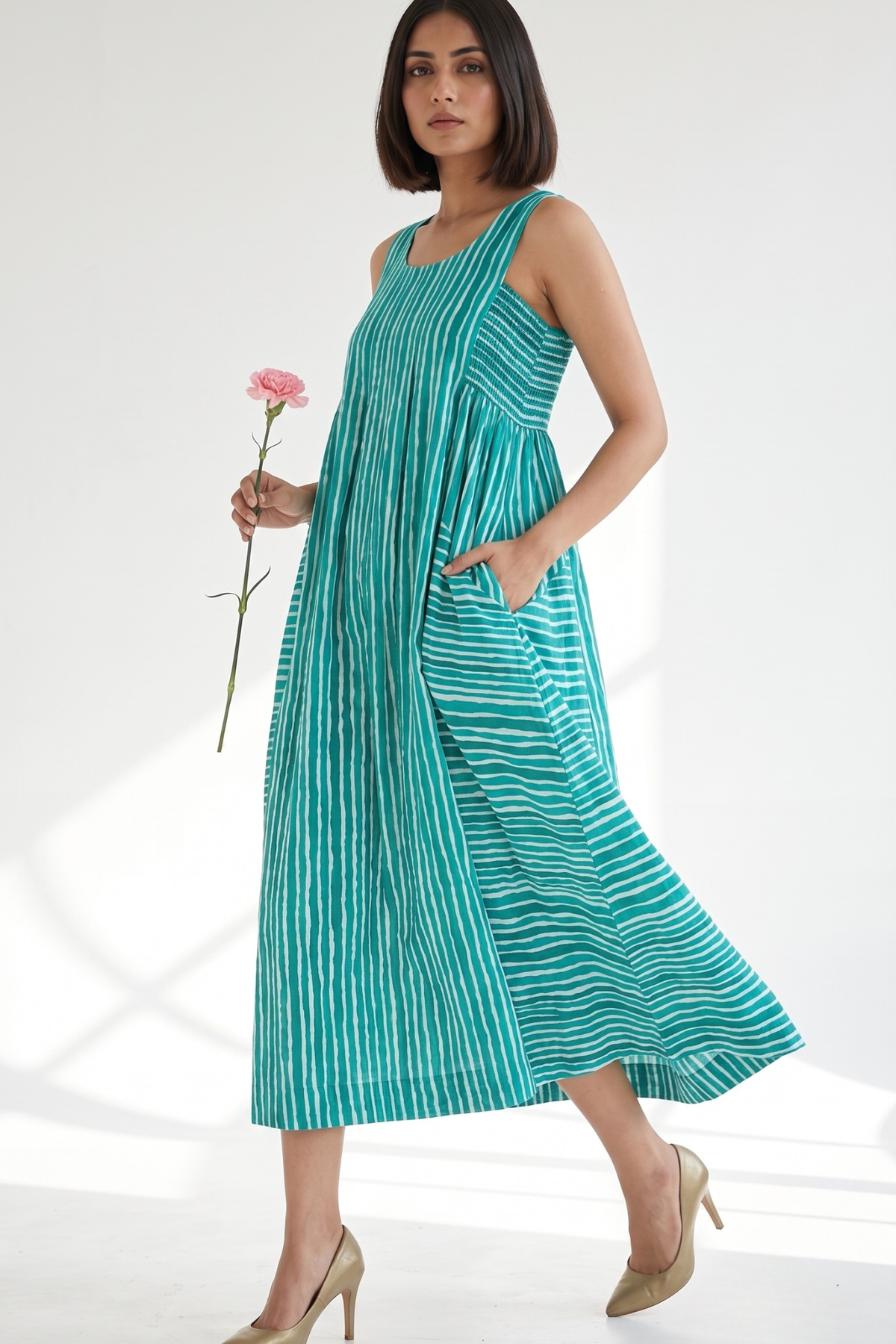 Minted Lines Smocked Cotton Satin Sleeveless Dress Mc