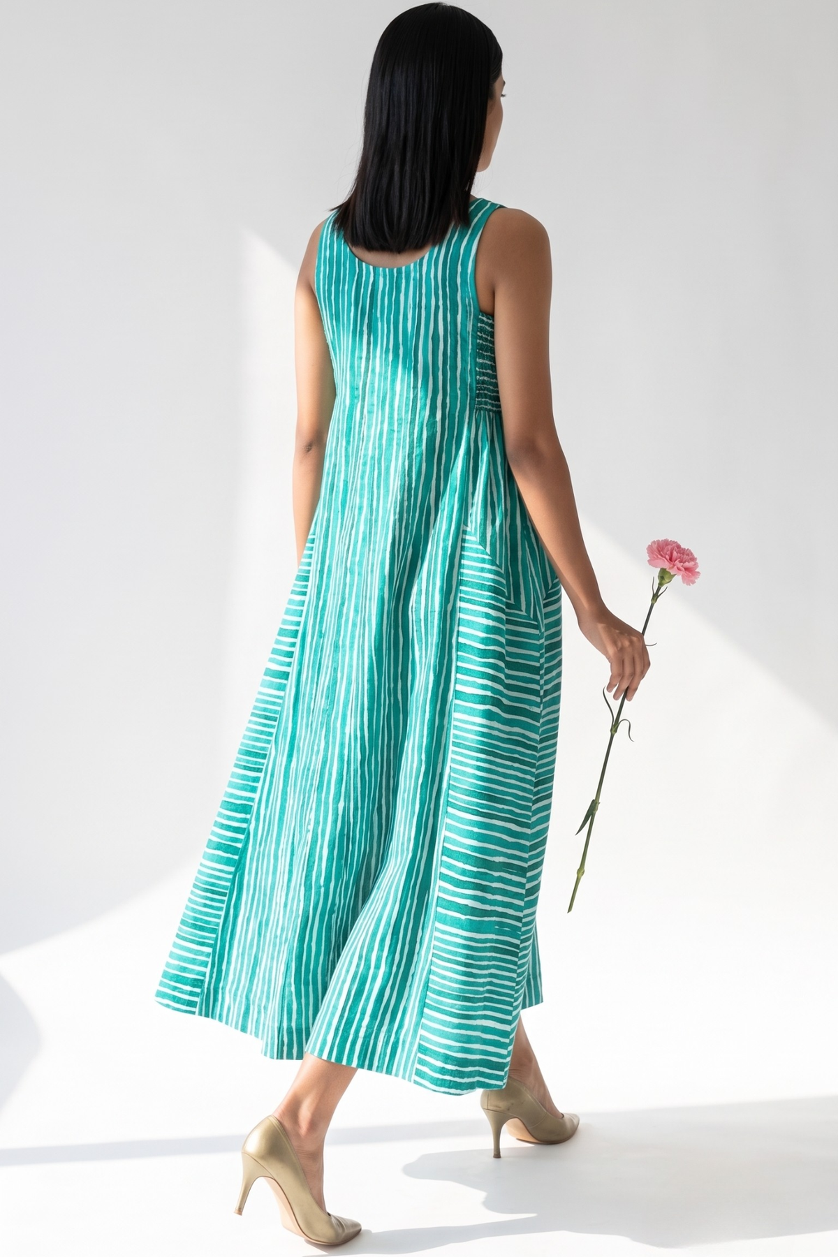 Minted Lines Smocked Cotton Satin Sleeveless Dress Mc