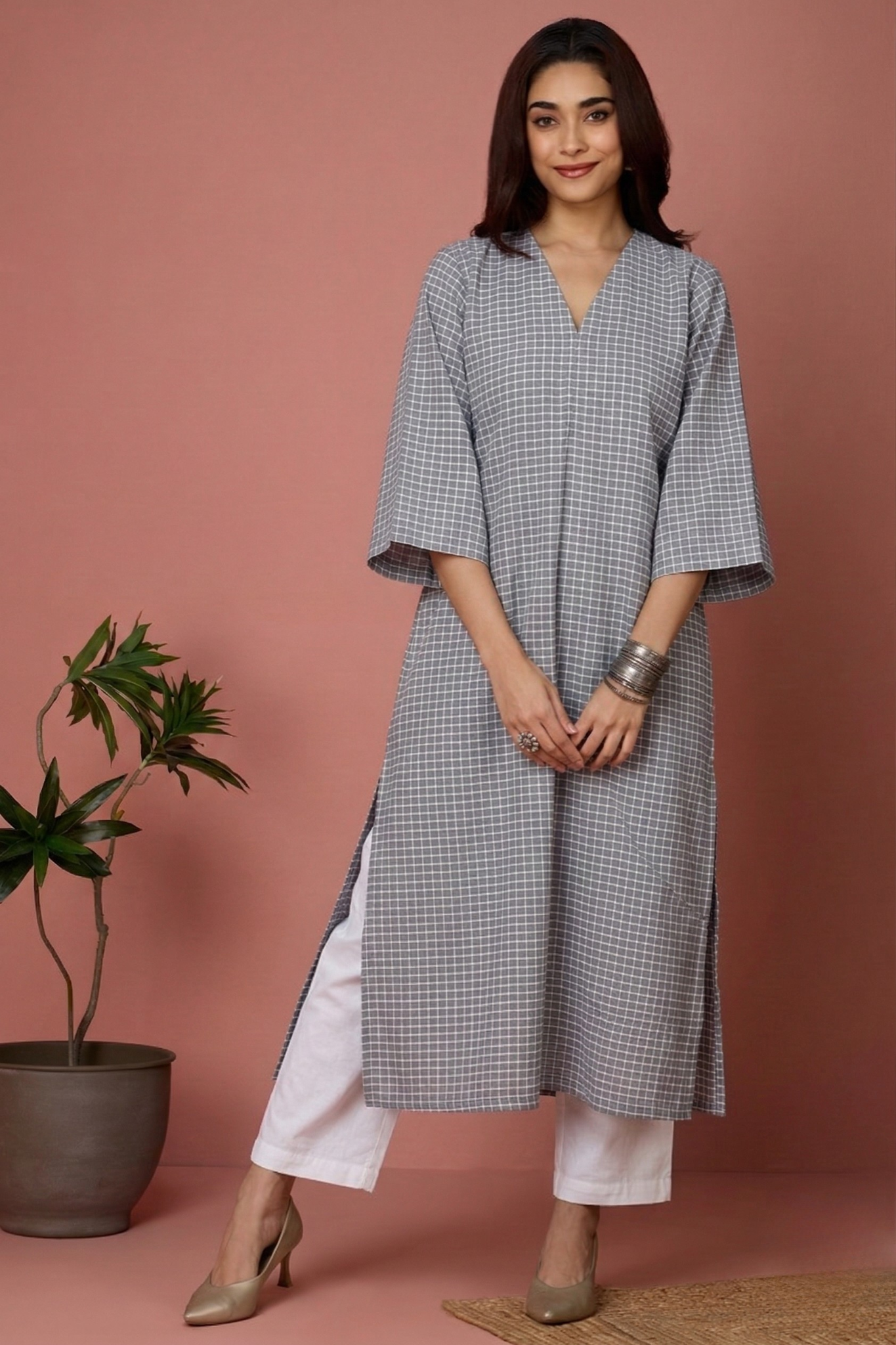 Mist Blue Grid Cotton Front Zipper A-Line Kurta Top Mc