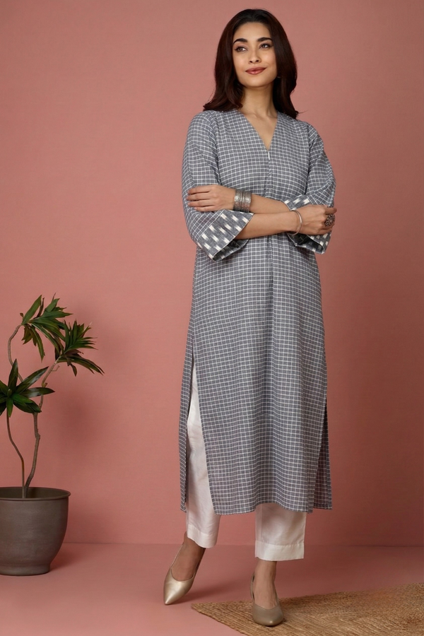 Mist Blue Grid Cotton Front Zipper A-Line Kurta Top Mc