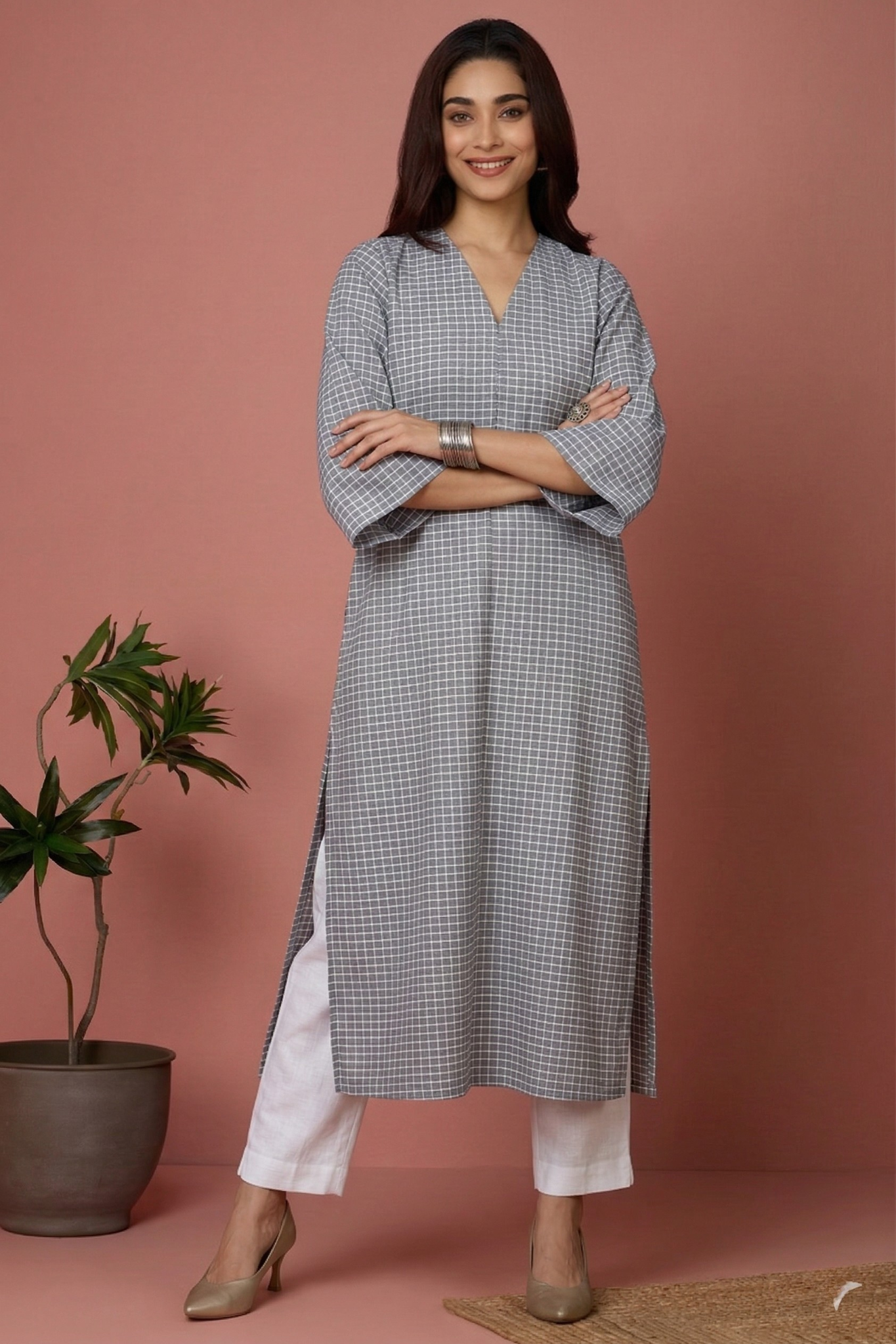 Mist Blue Grid Cotton Front Zipper A-Line Kurta Top Mc