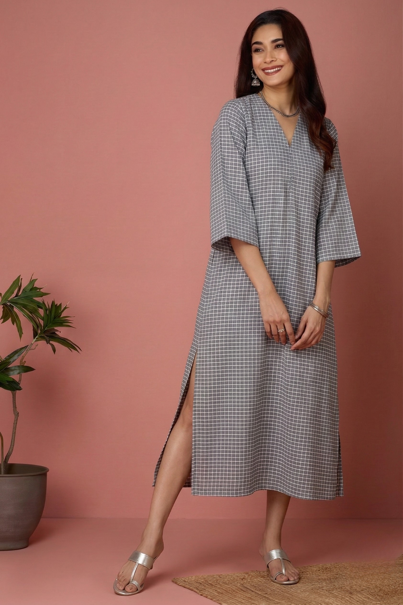 Mist Blue Grid Cotton Front Zipper A-Line Kurta Top Mc
