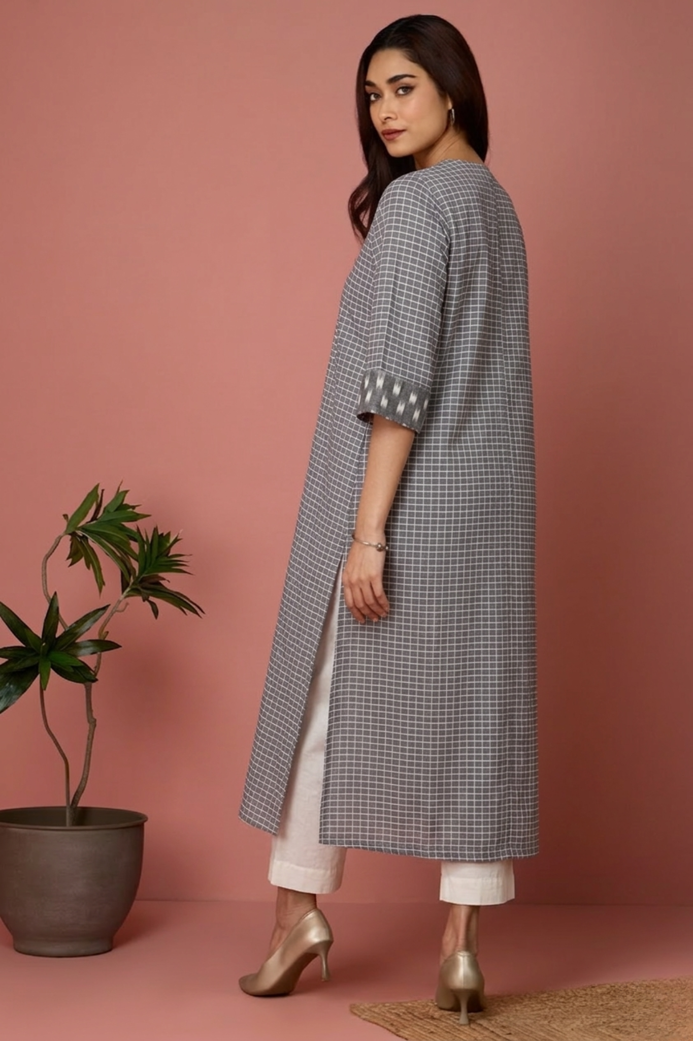Mist Blue Grid Cotton Front Zipper A-Line Kurta Top Mc