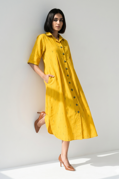 Mustard With Meadow Plus Motifs Cotton Box Pleat Button Down Shirt Dress