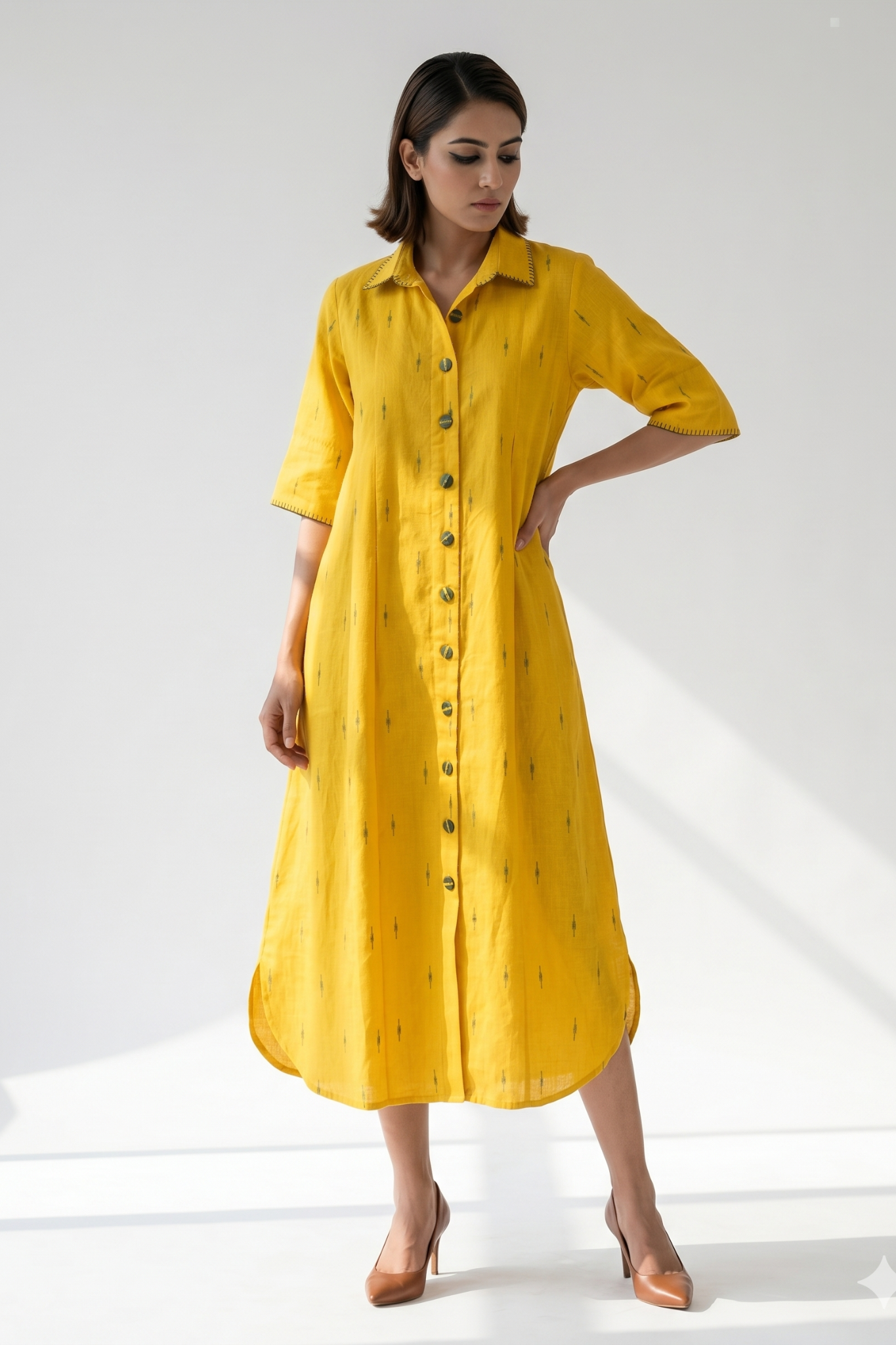 Mustard With Meadow Plus Motifs Cotton Box Pleat Button Down Shirt Dress