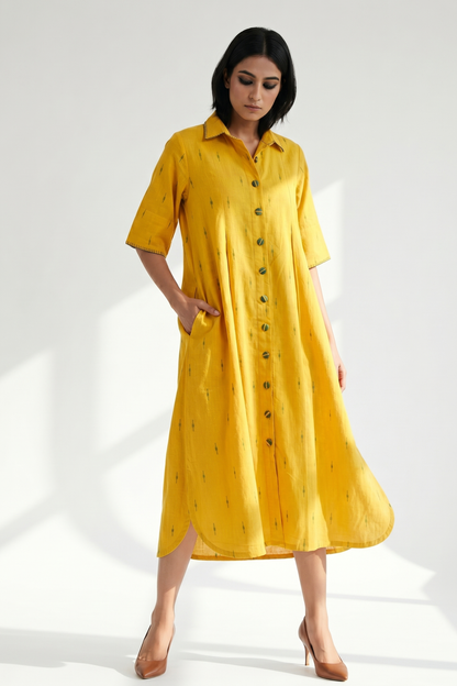 Mustard With Meadow Plus Motifs Cotton Box Pleat Button Down Shirt Dress