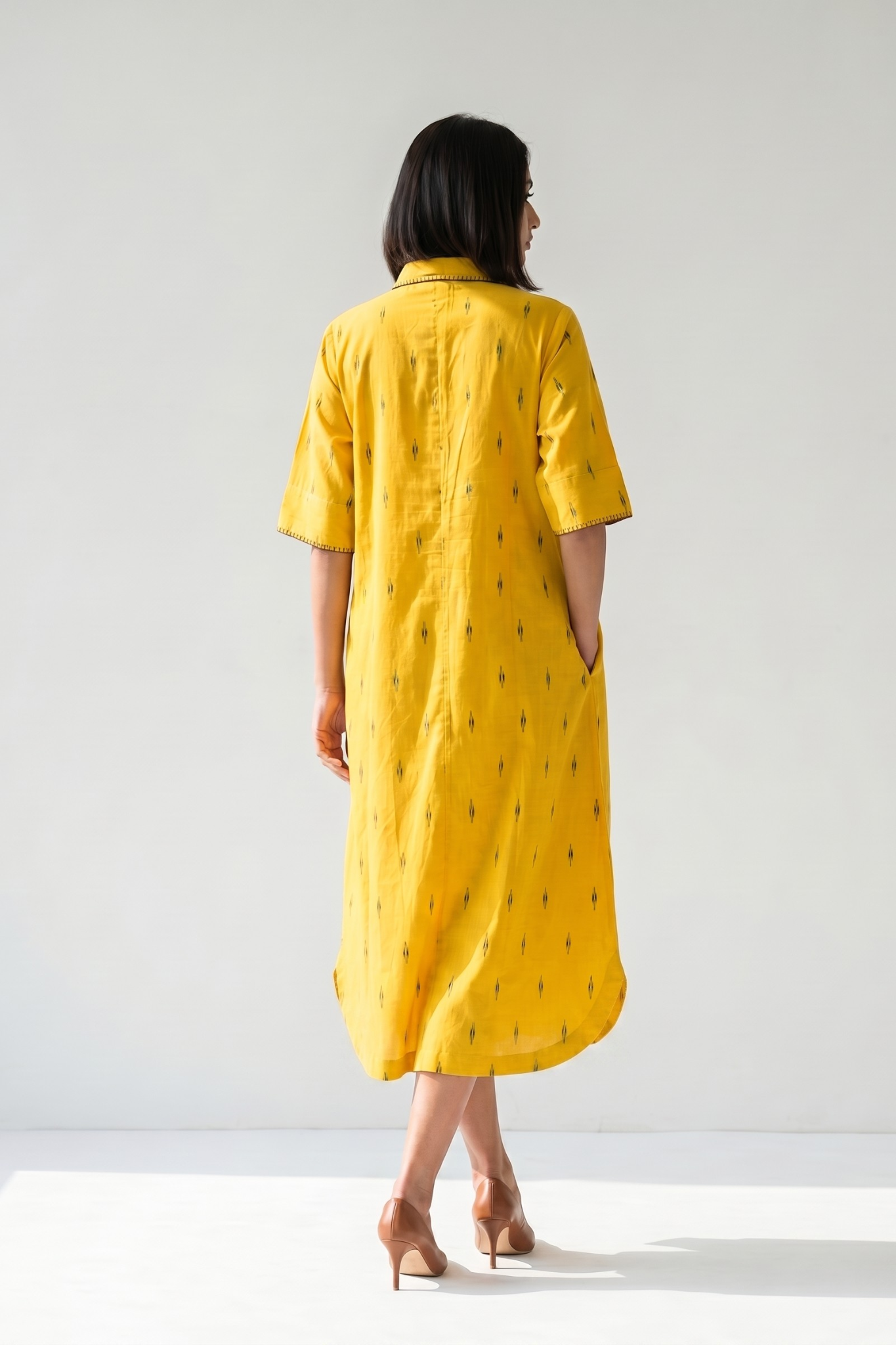 Mustard With Meadow Plus Motifs Cotton Box Pleat Button Down Shirt Dress