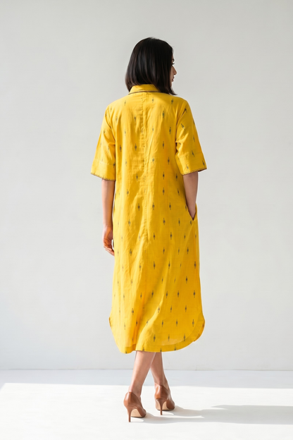 Mustard With Meadow Plus Motifs Cotton Box Pleat Button Down Shirt Dress