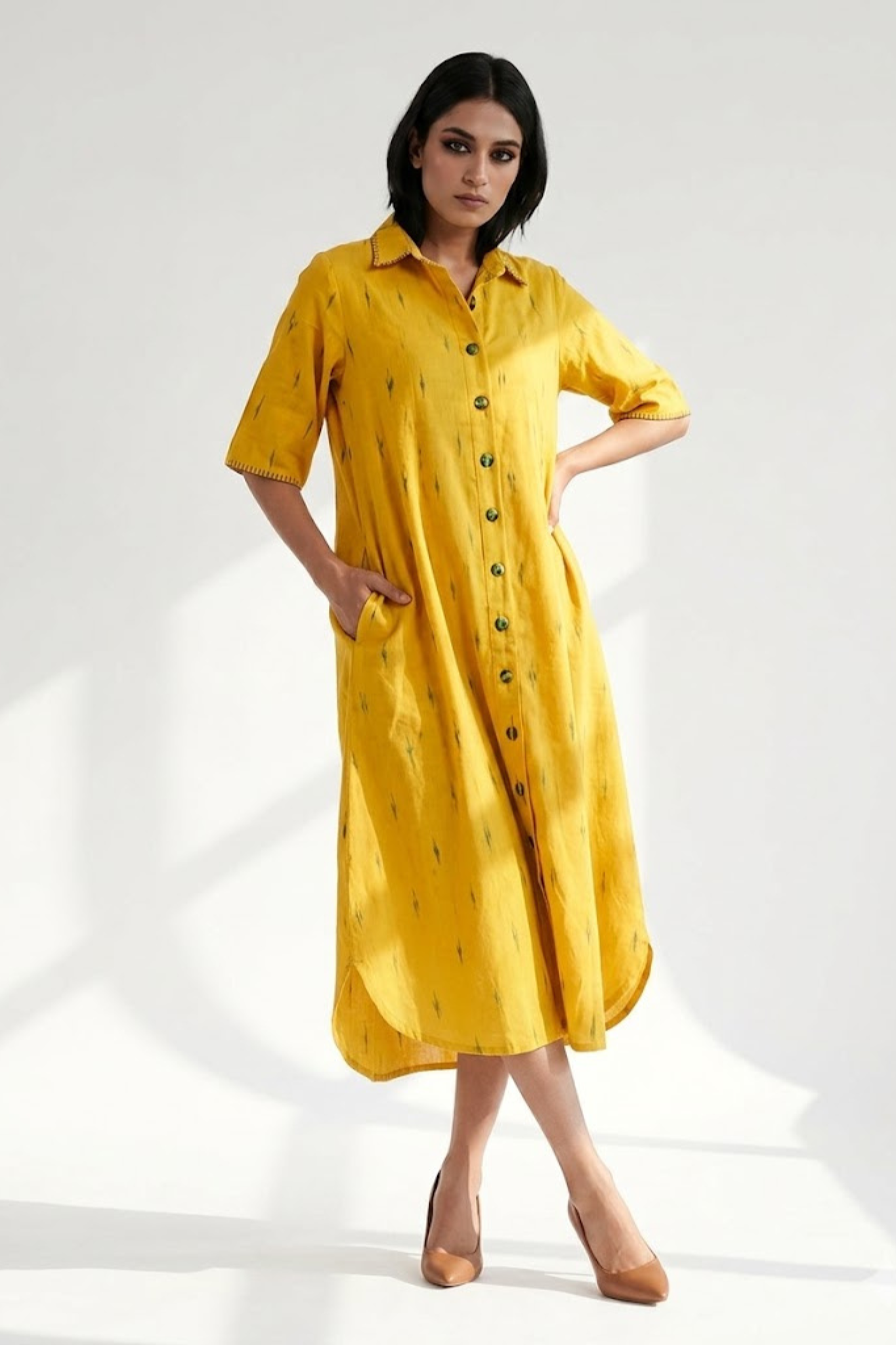Mustard With Meadow Plus Motifs Cotton Box Pleat Button Down Shirt Dress