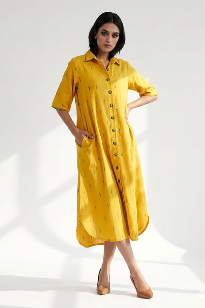Mustard With Meadow Plus Motifs Cotton Box Pleat Button Down Shirt Dress