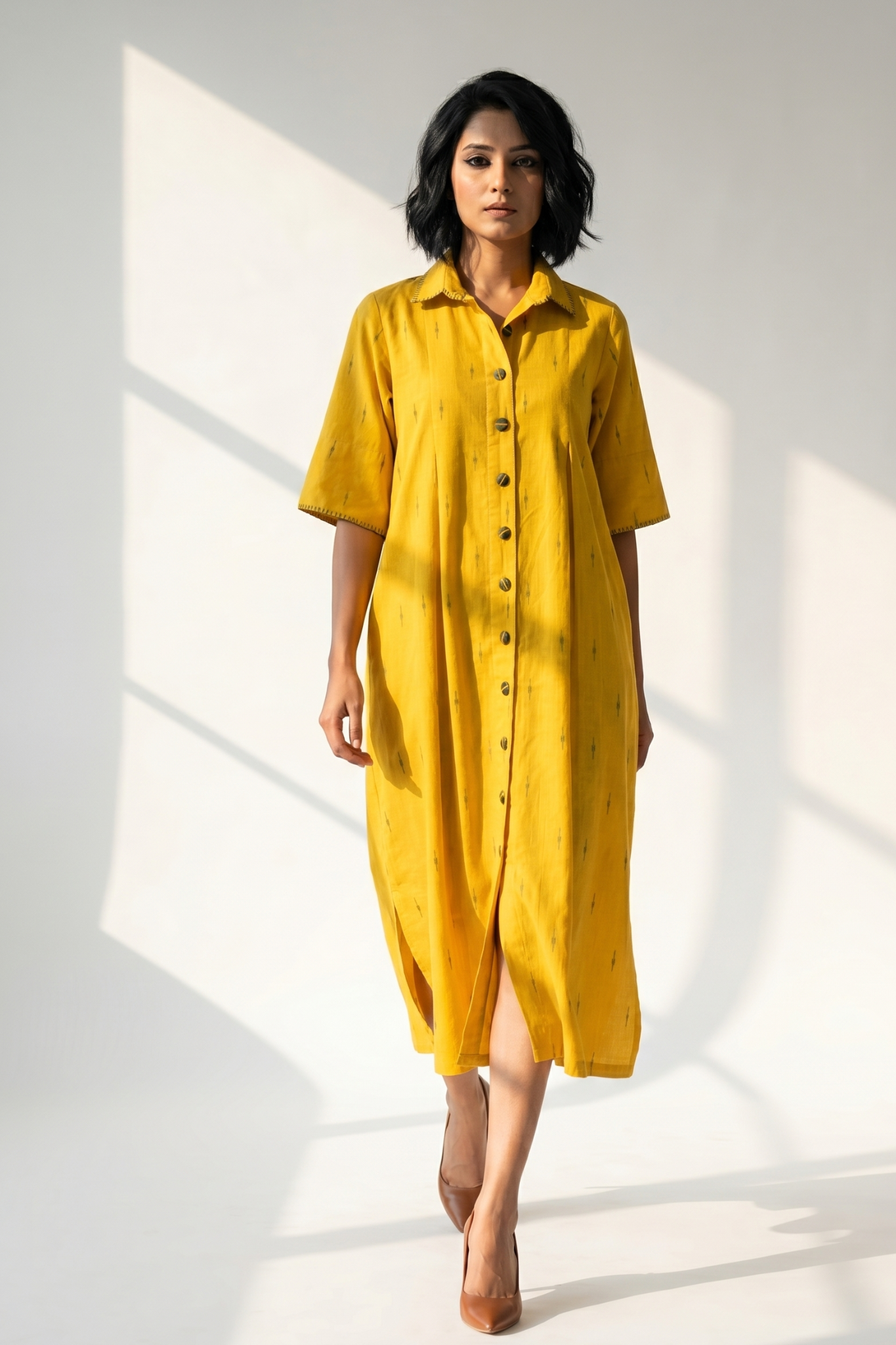 Mustard With Meadow Plus Motifs Cotton Box Pleat Button Down Shirt Dress