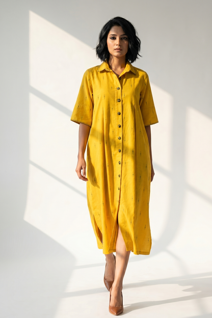 Mustard With Meadow Plus Motifs Cotton Box Pleat Button Down Shirt Dress
