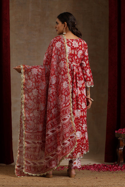 Murraya Red Scarlet Floral Anarkali Set of 3