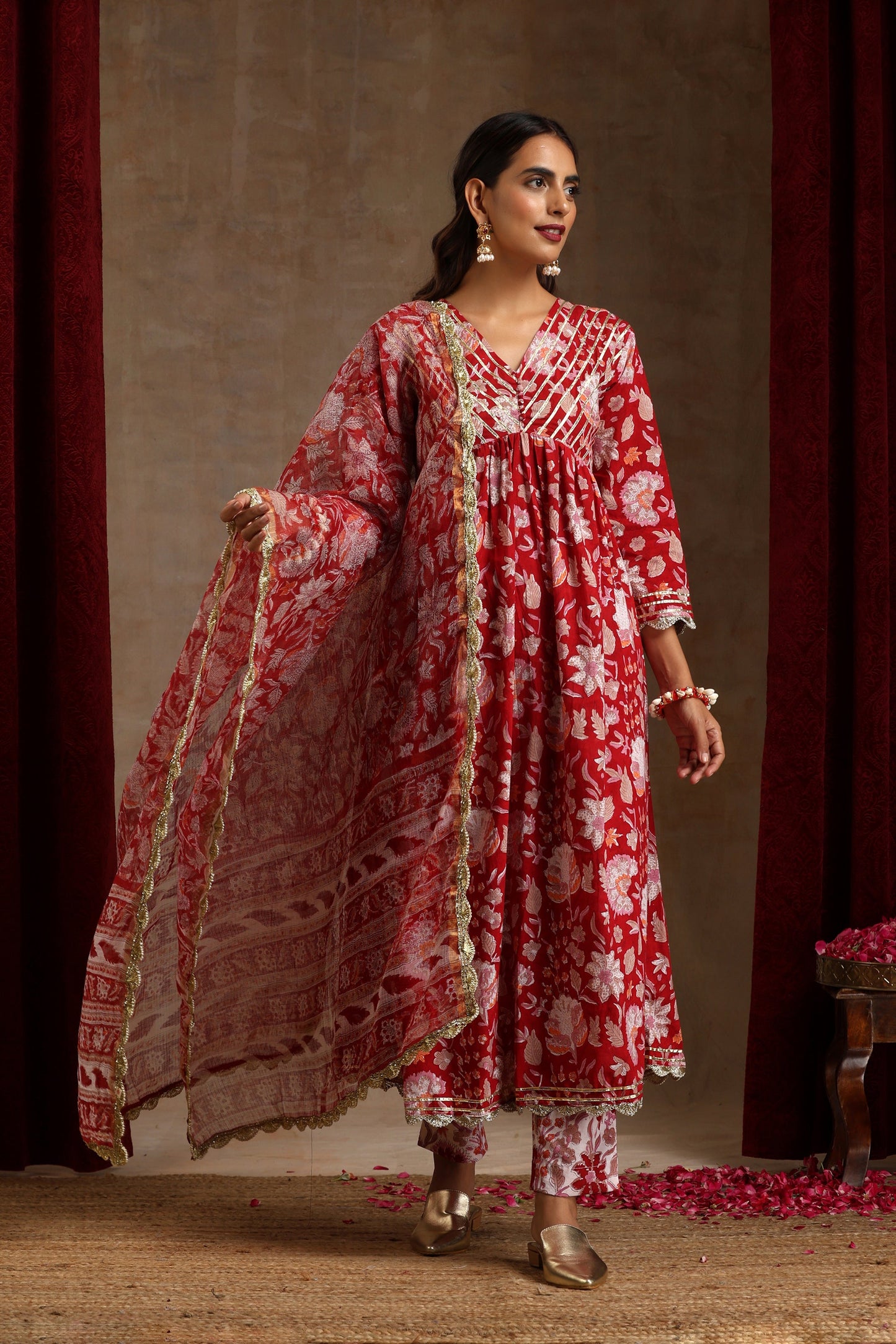 Murraya Red Scarlet Floral Anarkali Set of 3