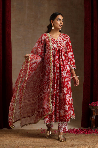 Murraya Red Scarlet Floral Anarkali Set of 3