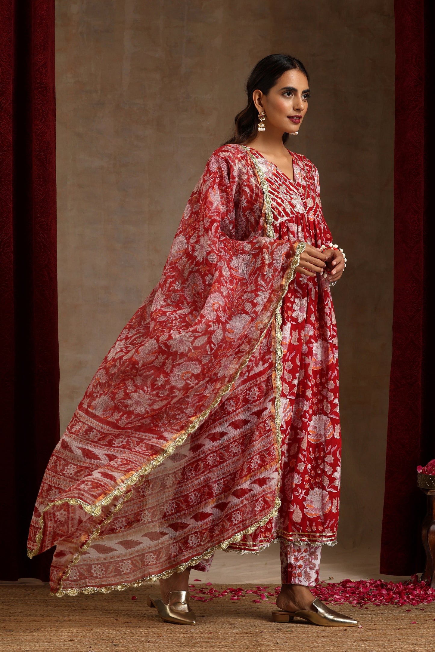 Murraya Red Scarlet Floral Anarkali Set of 3
